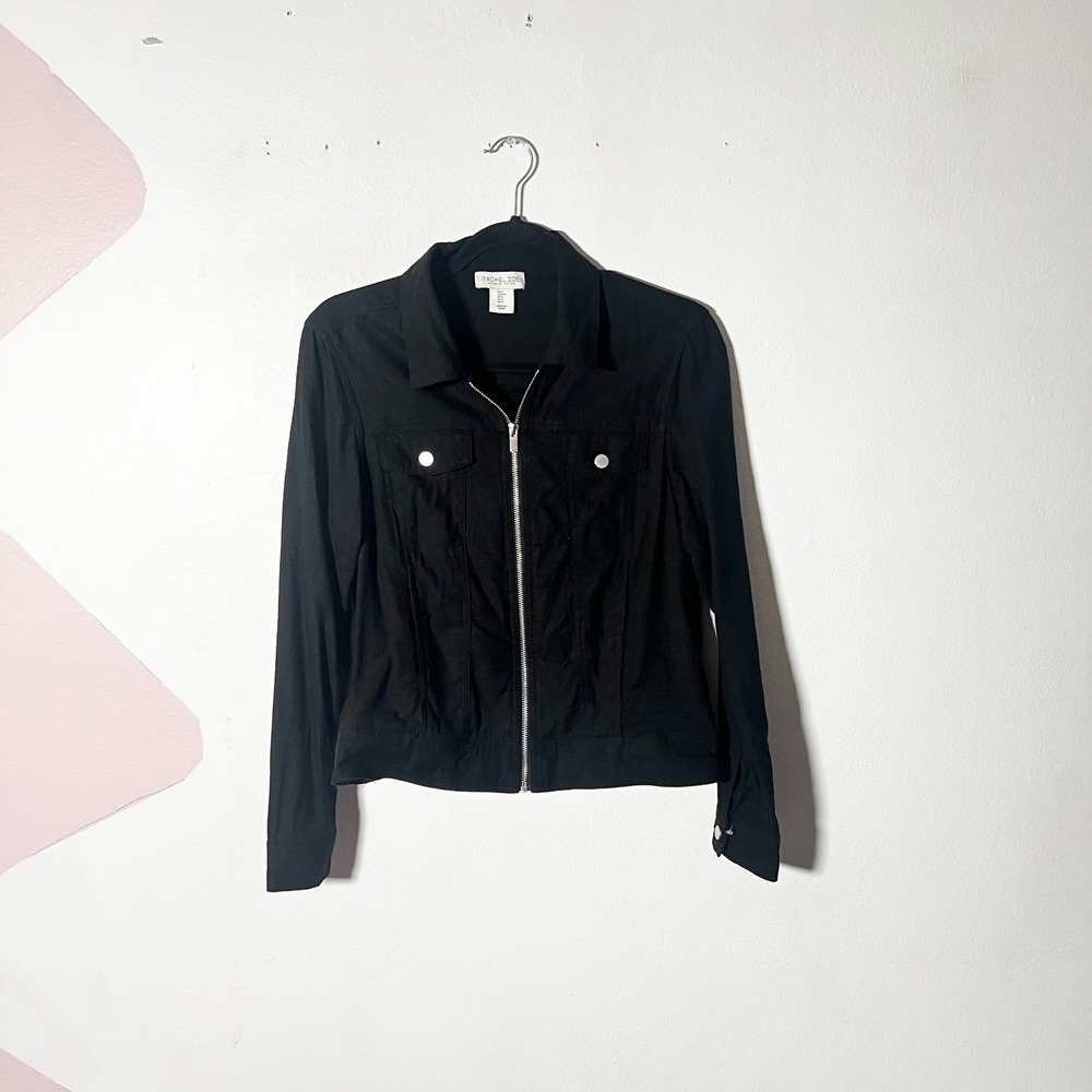 Rachel Zoe Linen Blend Jacket Small Black Zip Front Utility Pockets